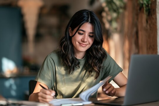 Young woman working from home, smiling while writing notes in a notebook and looking at her laptop screen in a cozy, welllit room