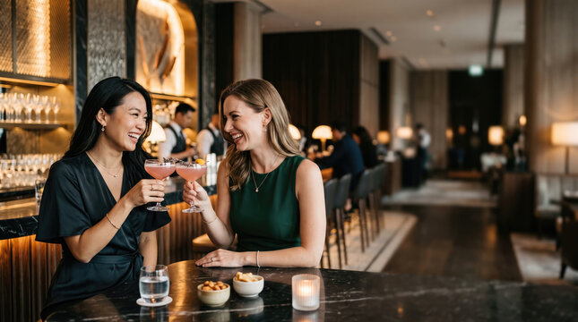 Two woman celebrating Galentine Day with wine at restaurant, sharing laughter and friendship during warm evening celebration.