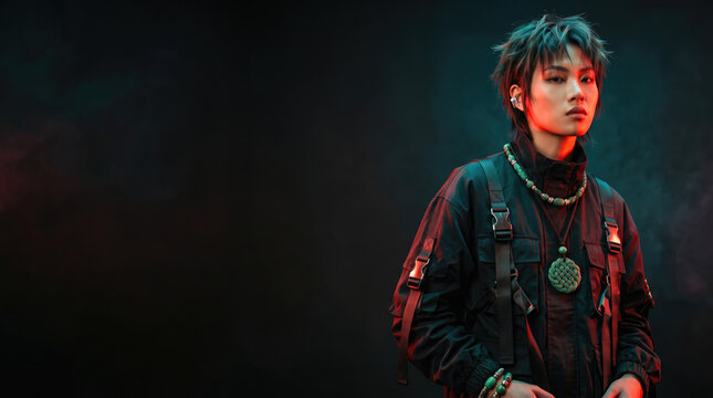Neo chinese aesthetic portrait features young woman in dark clothing and jade jewelry under dramatic teal and red light.