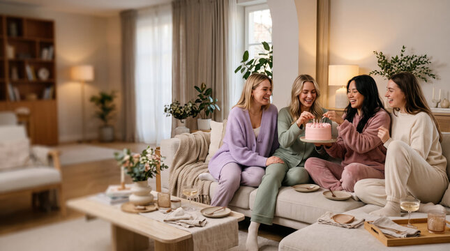 Galentine day celebration brings four smiling women together on cozy sofa to share cake, friendship, and relaxed evening at home.