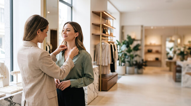 Two happy young female friends shopping for jewelry together in a modern boutique, trying on a beautiful necklace, bonding and celebrating Galentine's Day.