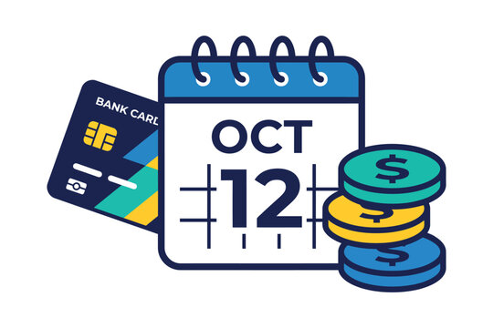 Calendar page showing october 12 with a credit card and a stack of coins for financial planning