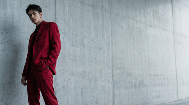 Young man in red suit against concrete wall, neo chinese aesthetic fashion portrait with confident pose and minimalist urban setting.