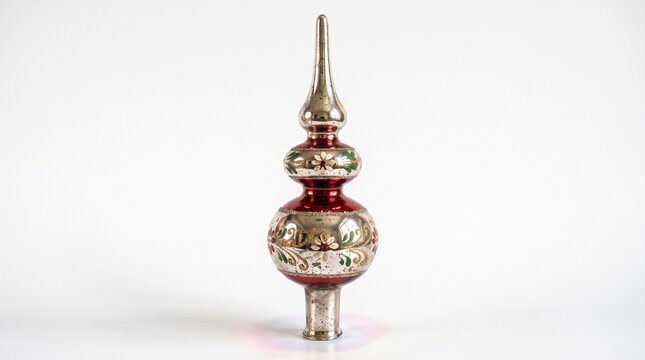 Glass Christmas tree topper with metallic silver and red ornament details on white background