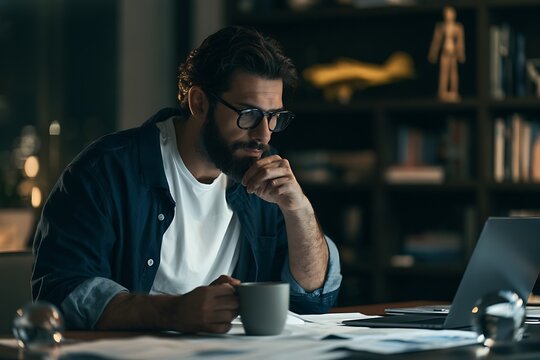 Thoughtful bearded man with glasses holding a coffee mug while working on a laptop at a desk in a dark, cozy study