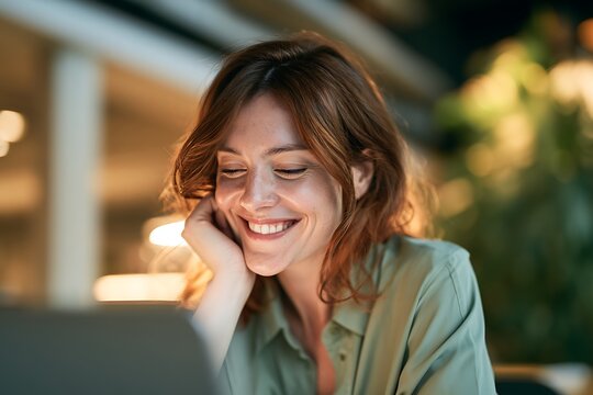 Happy woman working on a laptop in a cozy office environment