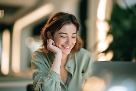 Young woman smiling while looking at her laptop screen in a modern office setting