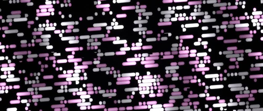 Glowing pink and white capsule shapes shifting in diagonal rows on black background