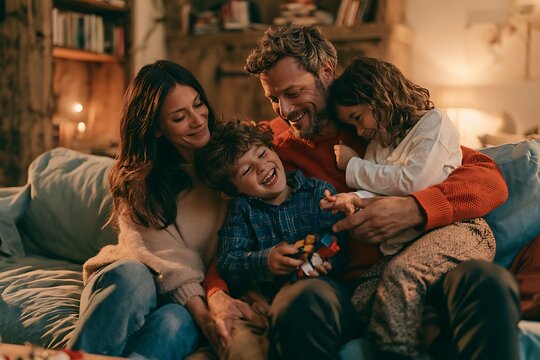 Happy family sitting on the sofa in the living room at home, laughing and playing with a toy together in the evening