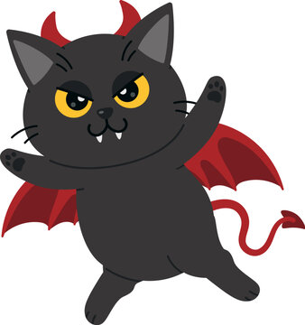 Black Cat Wearing Red Devil Horns and Bat Wings