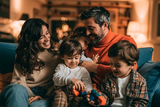 A happy family of four sitting on a sofa in a cozy, warmly lit home, playing with building blocks together in the evening
