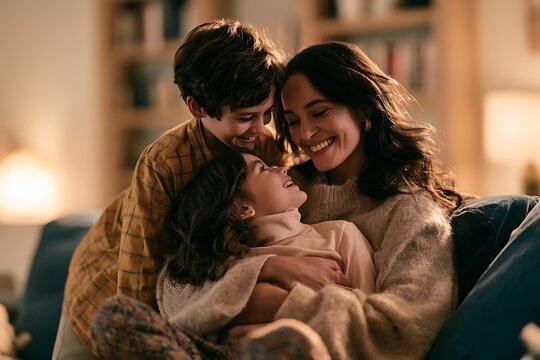 A loving mother and her two children sharing a warm, joyful moment together while relaxing on a comfortable sofa in their cozy, softly lit living room