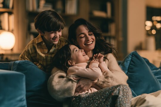 A happy mother and her two children laughing and cuddling together on a couch in a cozy, warm, and inviting home environment during the evening