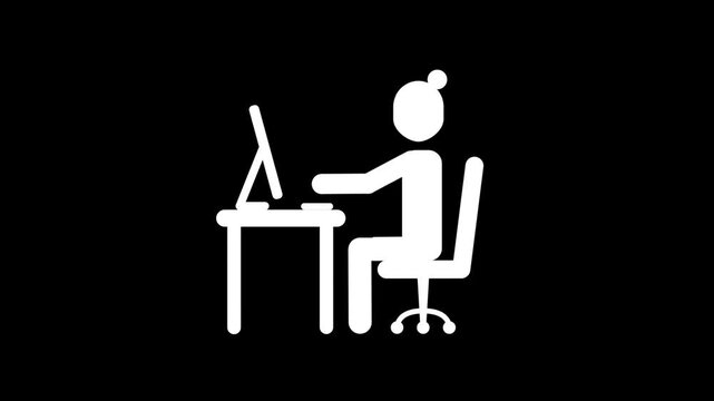 Animation of a person working at a computer in an office environment.