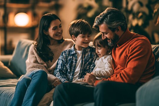 A happy family of four sitting on a sofa in their cozy living room, sharing a warm and affectionate moment together at home