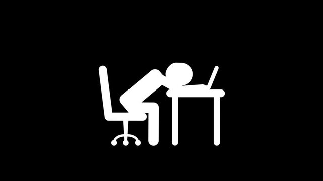 Animation of Tired Worker Falling Asleep on Laptop Desk.
