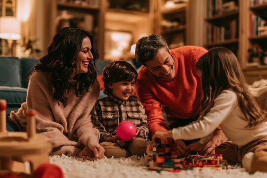Happy family playing with building blocks and a pink ball on a rug in a cozy living room at home