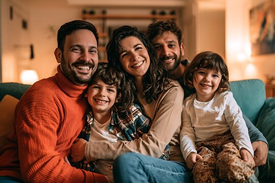 Portrait of a happy family of four sitting on a couch in a cozy living room at home
