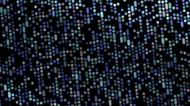 Glowing blue and teal dots and capsule shapes shifting across black background in pattern