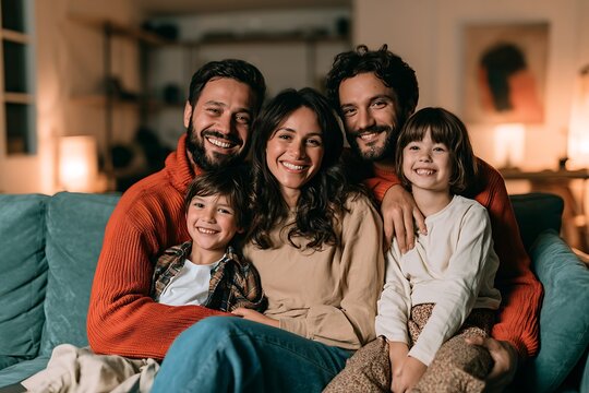 Happy family with two fathers and two children sitting on a sofa in a cozy living room, smiling and looking at the camera during a relaxing evening