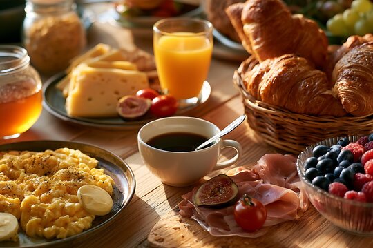 A hearty breakfast scene with scrambled eggs, croissants in a basket, orange juice, coffee, cheese, ham, figs, tomatoes, and a bowl of fresh berries