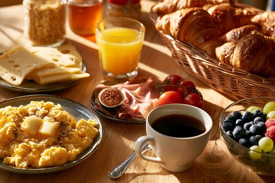 A beautiful breakfast arrangement with scrambled eggs, croissants, orange juice, coffee, cheese, ham, tomatoes, figs, and a bowl of mixed berries