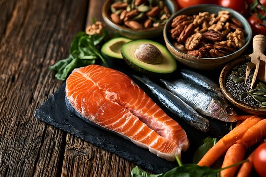 Fresh raw salmon steak with avocado, nuts, seeds, carrots, and sardines on a rustic wooden table