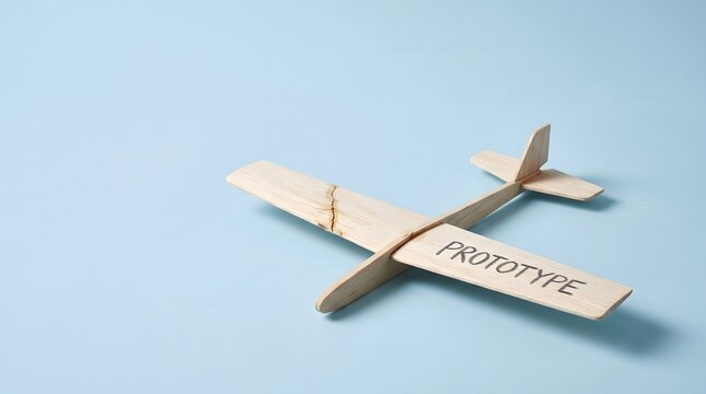 Wooden toy airplane with prototype text and cracked wing on blue background representing product development testing and failure risk