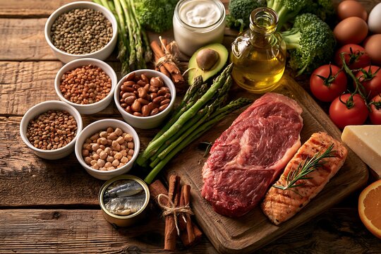 Healthy food assortment with raw steak, grilled salmon, legumes, vegetables, and spices on a wooden board