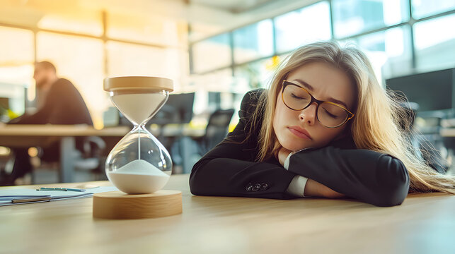 A tired businesswoman sleeps on an office desk next to an hourglass - a concept for deadlines and stressful work