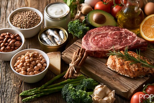 Top view of various healthy food ingredients like steak, salmon, legumes, and fresh vegetables arranged on a wooden surface