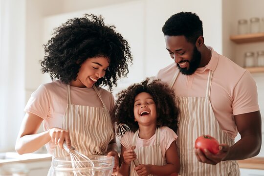 Cheerful african american family cooking in a bright kitchen, wearing matching aprons and smiling while preparing a meal with fresh vegetables