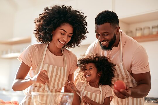 Joyful african american family preparing food in the kitchen, wearing matching aprons, laughing and bonding while cooking a healthy meal together
