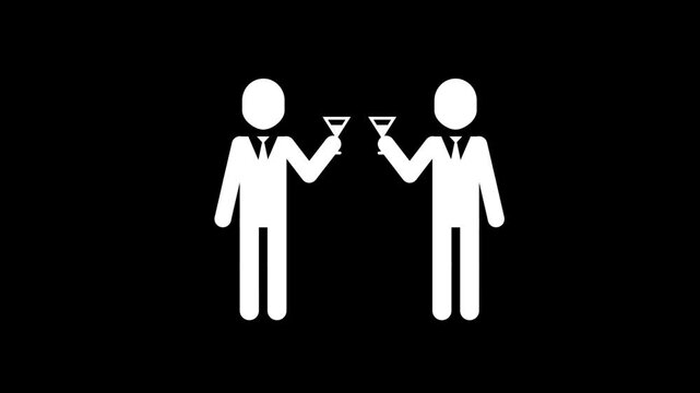 White business icon figures clinking glasses and celebrating partnership.