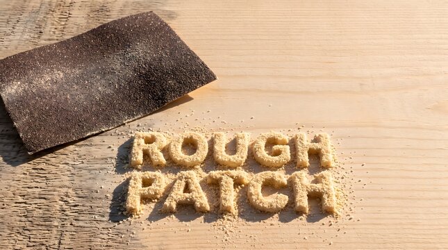 Words rough patch written in sawdust next to sandpaper on wooden board with copy space representing difficulty and problem solving
