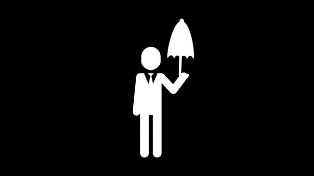 White silhouette icon of man opening and closing umbrella on black background animation loop.