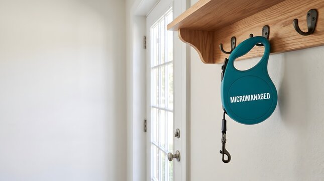 Retractable dog leash with micromanaged text hanging on an entryway wooden hook with copy space representing strict workplace management