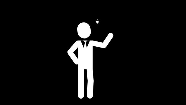 White stick figure businessman having a bright creative idea with lightbulb appearing animation on black background.