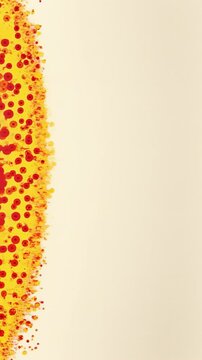 Red and yellow dots retreat toward left edge then spread back across cream textured background, forming changing abstract border with scattered circular marks and open space on right