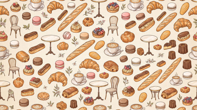 Seamless repeating pattern featuring croissants, baguettes, macarons, small pastries and coffee cups