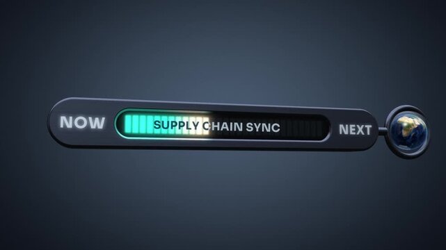 3D progress bar filling with teal light as supply chain sync completes beside a rotating Earth globe