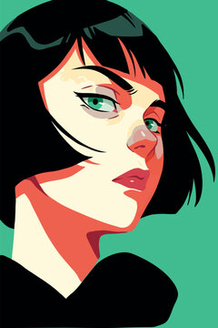 Anime girl portrait with short black hair on green background. Vector portrait of young woman with dark hair and green eyes. Pop art style female portrait with black short hair. 