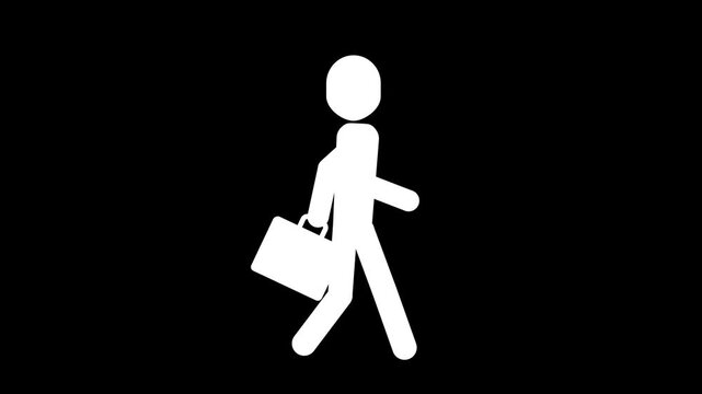 White stick figure walking with a briefcase on a black background animation video loop.
