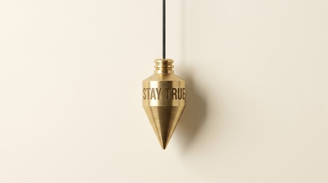 Brass plumb bob engraved with stay true text hanging vertically against a clean off white background with copy space for concept