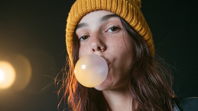 Young woman with freckles and a nose ring blowing a bubblegum bubble, wearing a mustard knit beanie against a dark background