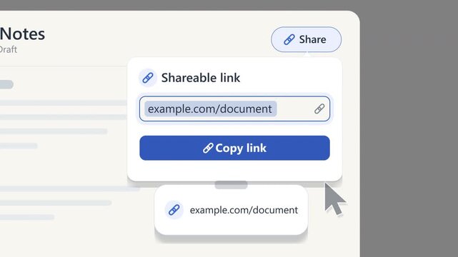 Project Notes Document Sharing Interface with Shareable Link Copy Functionality Animation