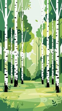 Vector illustration of a bright green spring forest with tall white birch trees and a pathway leading through the woods.