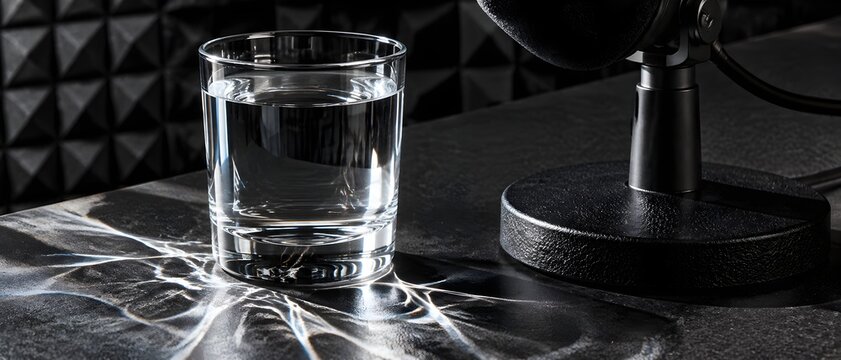 Smooth cylindrical glass tumbler filled with water casting caustic reflections beside a cast iron podcast mic base on desk