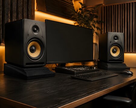 Pair of two way active studio monitor speakers resting on inclined foam acoustic isolation wedges on an editing desk