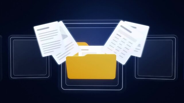 Yellow folder icon sorting documents into glass tiles for image, text, chart and table files on dark blue